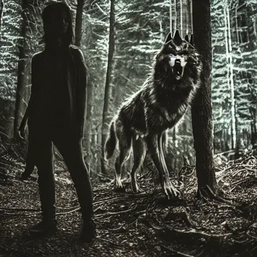 Image similar to werecreature consisting of a wolf and a human, photograph captured in a dark forest