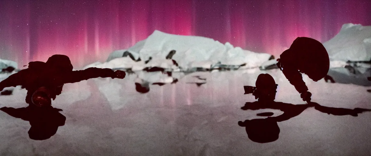 Image similar to an extreme closeup movie like 3 5 mm film depth of field photograph of a soldier falling face first into a small reflective puddle of dark red wine under the northern lights in antarctica at night, in the style of a horror film