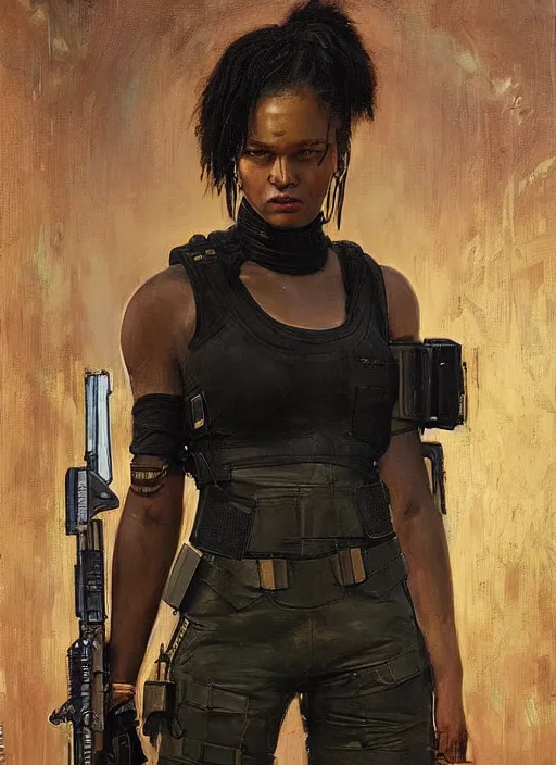 Image similar to Isabel igwe. cyberpunk mercenary wearing a military vest and combat jumpsuit. (Cyberpunk 2077, bladerunner 2049). Iranian orientalist portrait by john william waterhouse and Edwin Longsden Long and Theodore Ralli and Nasreddine Dinet, oil on canvas. Cinematic, vivid color, hyper realism, realistic proportions, dramatic lighting, high detail 4k