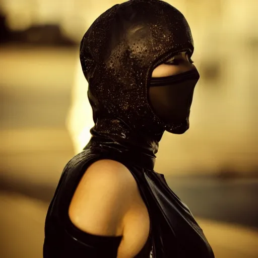 Image similar to beautiful female body silhouette, beautiful portrait, photography by amy leibowitz and filip fedorov, black latex female balaclava, female calendar, body painted with black fluid, urban city photography, close up portrait, cinematic still, film still, magic hour, dark mood, fashion portrait, cold colors, sony, kodak, long exposure, akira style