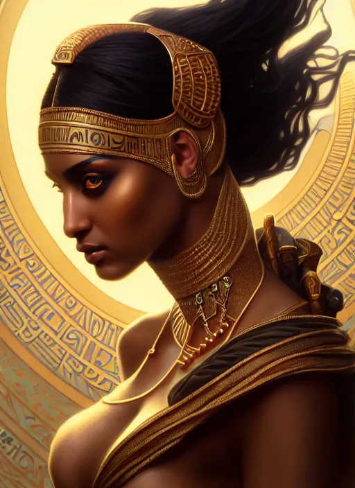 Prompt: close up portrait of beautiful isis egyptian symbolism, dark olive skin and black eye makeup, gorgeous north african woman by artgerm, cushart krenz, greg rutkowski, mucha. art nouveau. gloomhaven, swirly vibrant ripples, gaudy colors, sharp edges. ultra clear detailed. 8 k. elegant, intricate, octane render