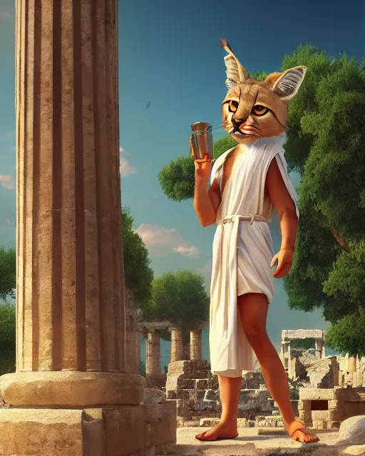 Prompt: fullbody photo of humanoid cute fluffy caracal dressed in toga, sun behind him, ancient greek city, sunny day, by ilya kuvshinov, rtx rendering, octane render 1 2 8 k, maya, extreme high intricate details by tom bagshaw, medium shot, composition by sana takeda, lighting by greg rutkowski