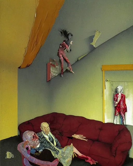 Image similar to old dead couple on couch in a decayed and ruined apartment room in the style of Francis Bacon and Syd Mead and Norman Rockwell and Beksinski, open ceiling, highly detailed, painted by Francis Bacon and Edward Hopper, painted by James Gilleard, surrealism, airbrush, very coherent, triadic color scheme, art by Takato Yamamoto and James Jean