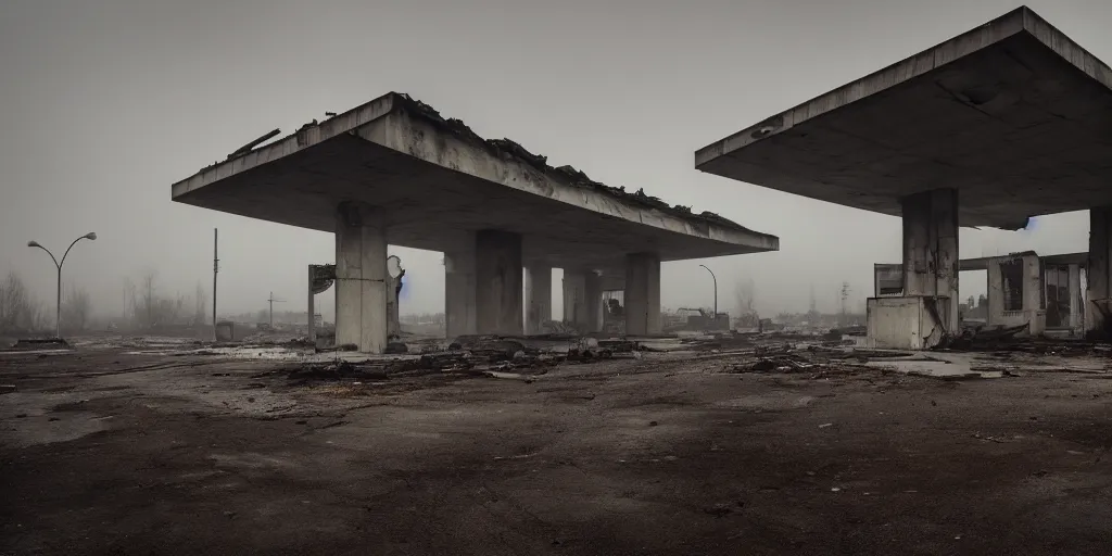 Image similar to a melancholic post-apocalyptic ruins of a gas station, destroyed by nuclear war, mutants creatures swarming, atmosphere of silent hill, 8k, cinematic lighting, hd wallpaper, fog, Todd Hido