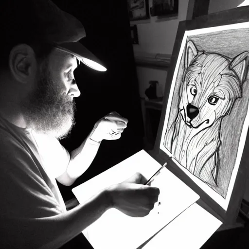 Image similar to photo portrait of drunk hobo artist drawing furries for booze, symmetry, awesome exposition, very detailed, highly accurate, intricate, professional lighting diffracted lightrays, 8 k, sense of awe