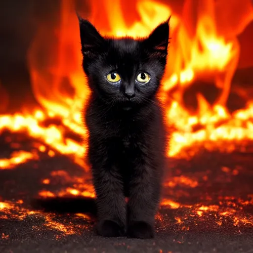 Prompt: extreme long shot of a cute black kitten engulfed in fire, burning, standing in fire, big eyes, at night, award winning photo, high detail, atmospheric 8k