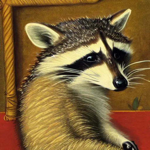 Image similar to a painting of a raccoon doing yoga in renaissance art style