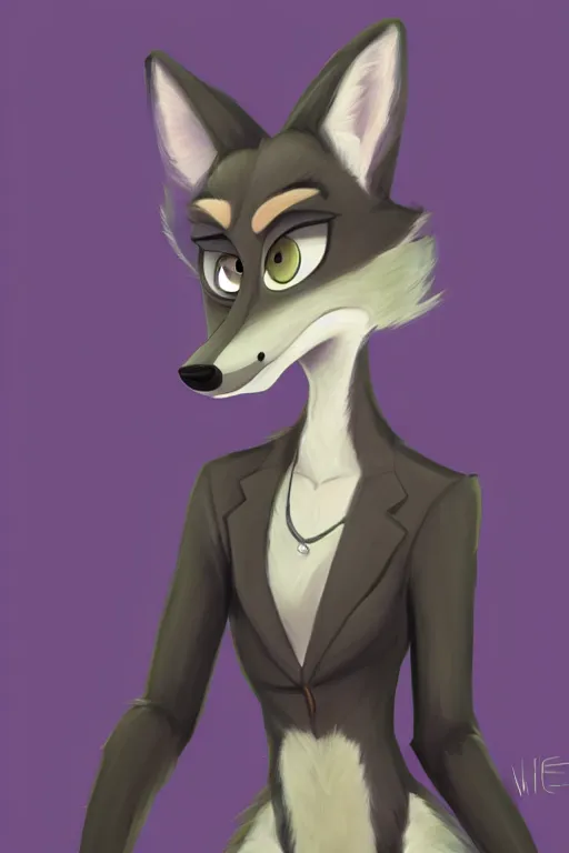 Image similar to oil painting of anthromorphic female wolf, in style of zootopia, female fursona, furry, furaffinity, 4 k, deviantart, furry art, fursona art, wearing black business suit, business suit, wolf fursona, female, very expressive detailed feminine face,