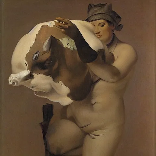 Image similar to A performance art. A rip in spacetime. Did this device in her hand open a portal to another dimension or reality?! cow print by Théodore Géricault unified