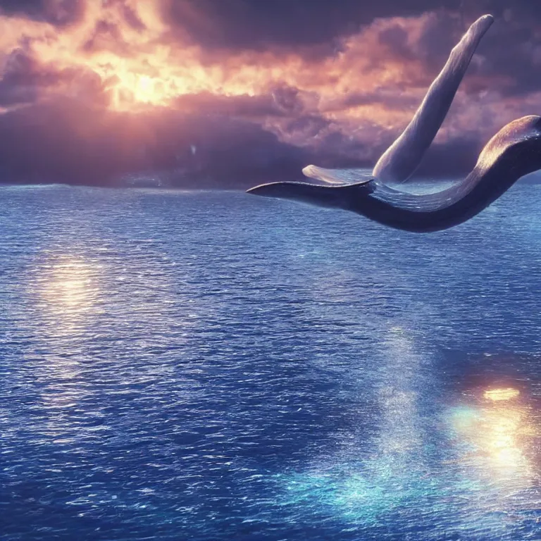 Image similar to vfx shot by weta digital and industrial light and magic ilm, a stunning beautiful blue whale made out of shiny reflective dripping liqud chrome swimming through fluffy giant sunset clouds, octane render, cinema 4 d, ray traced lighting, very short depth of field, bokeh