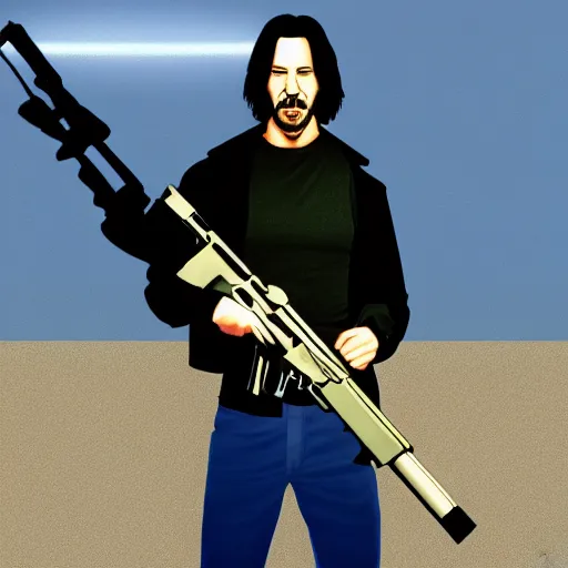 Image similar to Full body portrait of Keanu Reeves holding M-16 machine gun, GTA San Andreas Loading Screen, 4k