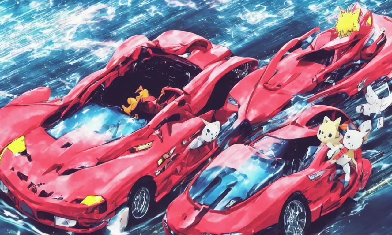 Image similar to blurry photograph of 9 0 s need for speed street racer car in the style of a neon genesis evangelion eva - 0 2, convertible car being driven cuddling a togepi rilakkuma