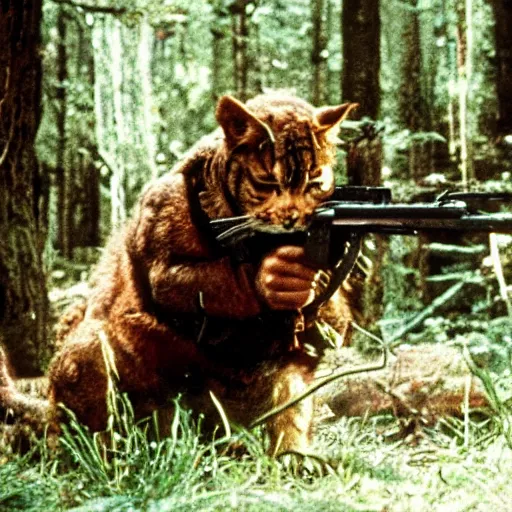 Prompt: A still of Garfield in Rambo First Blood (1982)