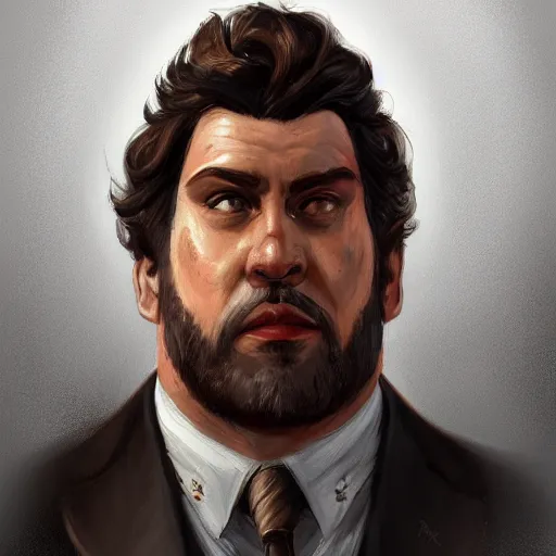 Image similar to a portrait of a short fat man with long curly black hair and a brown suit, D&D, sci-fi, elegant, hopeful, muscular, highly detailed, digital painting, artstation, concept art, smooth, sharp focus, illustration