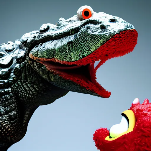 Image similar to hyperrealistic dslr film still of alligator eating elmo, stunning 8 k octane comprehensive 3 d render, inspired by istvan sandorfi & greg rutkowski & unreal engine, perfect symmetry, dim volumetric cinematic lighting, extremely hyper - detailed, extremely lifelike attributes & lifelike texture, intricate, masterpiece, artstation, stunning