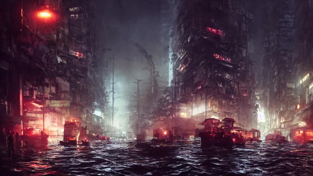 Prompt: dramatic Photorealistic, Matte Painting of a freight ship with bright head lights traveling down a busy post apocalyptic deep flooded Hong Kong city street at night,dark Tall buildings by Greg Rutkowski,Craig Mullins,Hyperrealism,Beautiful dramatic moody lighting,Cinematic Atmosphere,Octane Rendering,8K