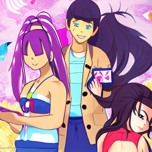 Image similar to aoi asahina from danganronpa, a tanned japanese girl with hair in a high ponytail, and percy jackson playing go fish under the ocean, beautiful digital art