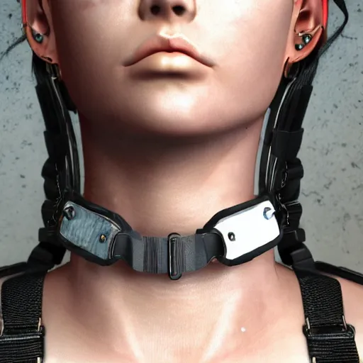 Image similar to detailed realistic female character cyberpunk wearing thick steel collar around neck, realistic, art, beautiful, 4K, collar, choker, collar around neck, punk, artstation, detailed, female, woman, choker, cyberpunk, neon, punk, collar, choker, collar around neck, thick collar, choker around neck, wearing choker, wearing collar,