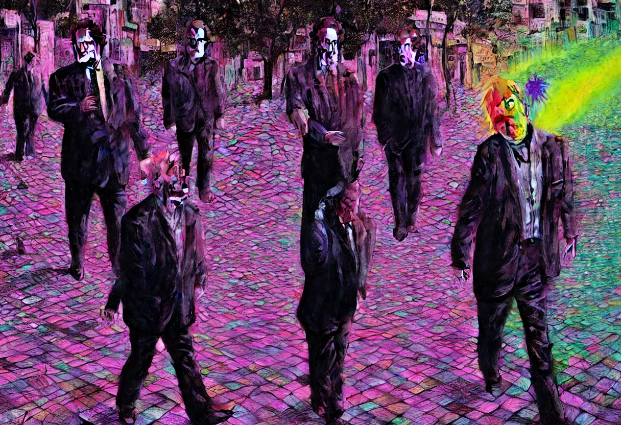 Prompt: bright psychedelic todd solondz walking with bill hicks in the street of tel aviv, crying and puking, abused, diffuse lighting, fantasy, intricate, elegant, highly detailed, lifelike, photorealistic, digital painting, artstation, illustration, concept art, smooth, sharp focus, art by gregory crewdson and francis bacon