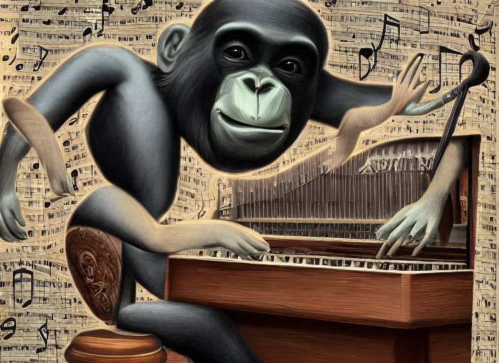 Prompt: 🦍🎹🎼, lowbrow in the style of camille rose garcia and mark ryden and salvador dali, 8 k, matte painting,