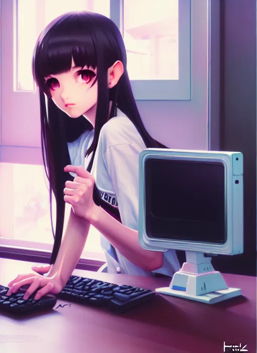 Image similar to a film still polaroid portrait of a young gamersgirl at her computer, detailed features, perfect art, busy room, hd, gapmoe yandere, trending on pixiv, focussed painted art, by wlop, ilya kuvshinov, artgerm, krenz cushart, pixiv