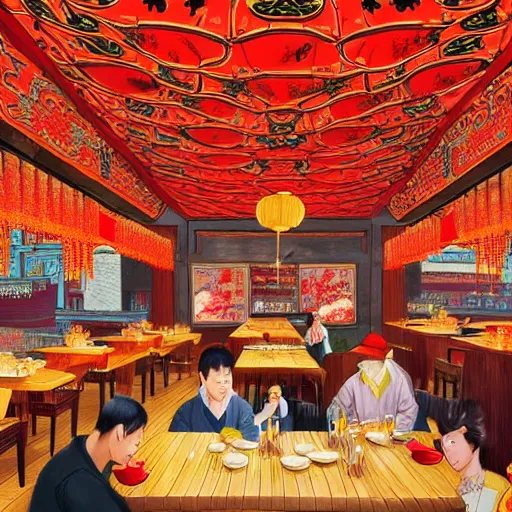 Image similar to a beautiful hyperdetailed interior 4 k hd wallpaper illustration of roasted string hotpot restaurant restaurant yan'an, wall painting, from china, with merchant logo, people are eating kebabs, fine delicate structure, surrealistic, chinese style, victo ngai