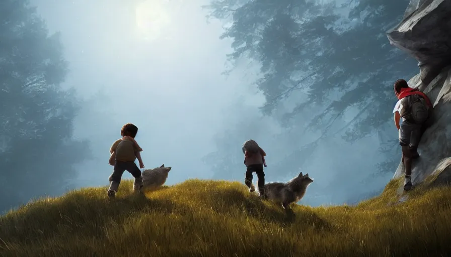 Image similar to a young boy climbing a hill to reach his friend the wolf, volumetric light, hyperdetailed, artstation, cgsociety, 8 k