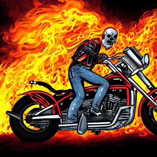 Prompt: ghost rider aiming with shotgun on motocycle, high detail, gorgeous view