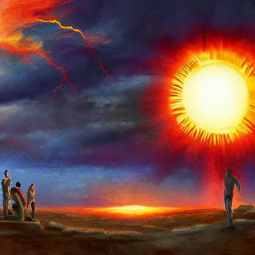 Image similar to giant fiery sun takes up most of the sky, two men look out over the horizon of a desert with plants on fire, lightning strikes in the distance, highly detailed matte painting