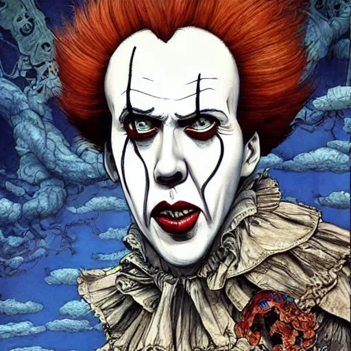 Image similar to Nicolas Cage as Pennywise from IT portrait painted in Frank frazzeta style drawn by Vania Zouravliov and Takato Yamamoto, inspired by Fables, intricate acrylic gouache painting, high detail, sharp high detail, manga and anime 2000