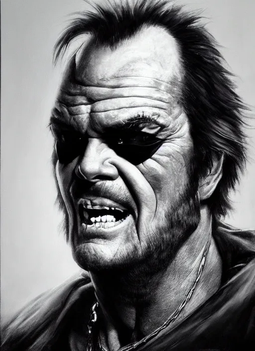 Prompt: portrait of jack nicholson as a scheming warlord character in mad max 2 : the road warrior, film still, detailed realism face in painting, detailed beautiful portrait, oil painting masterpiece, 8 k resolution, smooth, sharp focus, trending on artstation, by rembrandt