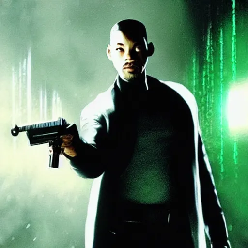 Image similar to will smith as neo in the matrix movies, cinematic, atmosphere, dynamic light, ultra realistic, very detailed