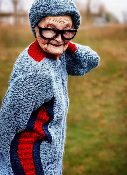 Prompt: stunning photograph of ( ( ( ( granny spiderman ) ) ) ) in rural russia town, knitted suit, closeup, dynamic pose, closeup, aperture 1. 2