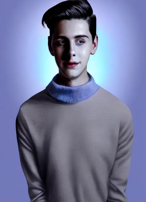 Image similar to portrait of teenage jughead jones wearing a light grey crown, crown, blue turtleneck, 1 9 5 0 s, closed eyes, photorealistic, black hair, glowing lighting, intricate, elegant, glowing lights, highly detailed, digital painting, artstation, concept art, smooth, sharp focus, illustration, art by wlop, mars ravelo and greg rutkowski