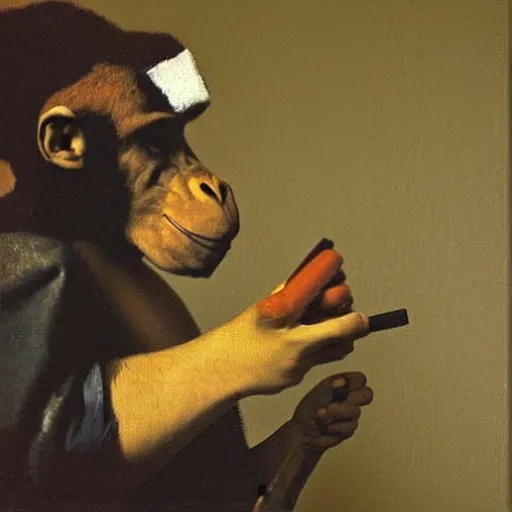 Prompt: Monkey with a cigar in his mouth and smoke coming out, oil on canvas, by Johannes Vermeer