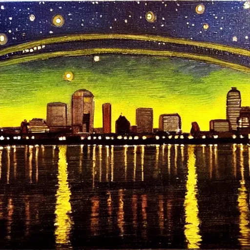 Prompt: louisville ky skyline at night reflecting of the river, in the style of van goghs painting starry night