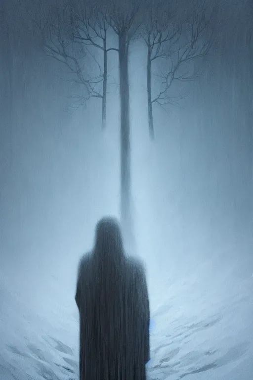 Image similar to a painting of a person standing in the snow, a surrealist painting by zdzisław beksinski and by alena aenami, deviantart, nuclear art, dystopian art, apocalypse landscape, surrealist