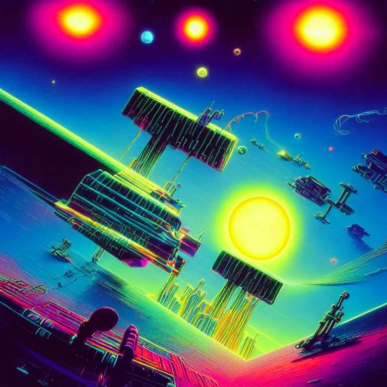 Image similar to edge of infinite quantum space, synthwave, bright neon colors, highly detailed, cinematic, tim white, roger dean, michael whelan, jim burns, bob eggleton, chris moore, vladimir kush, kubrick, alfred kelsner, vallejo