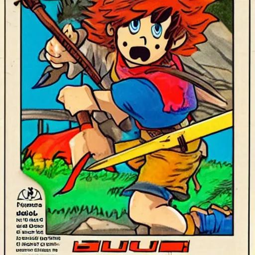 Prompt: 11-year-old boy with crazy hair holding scimitar, boy going on adventure, Nintendo Famicom boxart, 1987 video game boxart