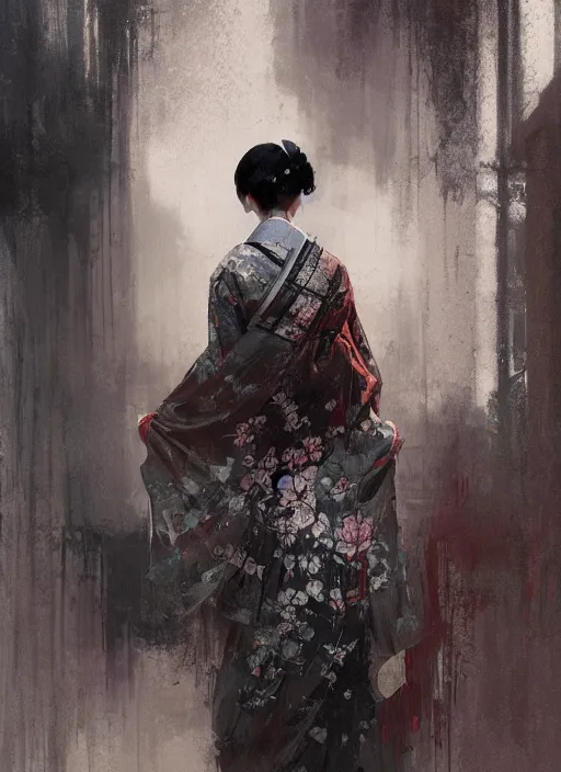 Image similar to female geisha girl, beautiful face, rule of thirds, intricate outfit, spotlight, by greg rutkowski, by jeremy mann