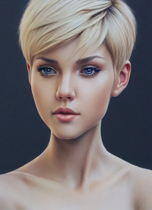 Image similar to photo of a gorgeous young woman with blonde hair, pixie cut, in the style of stefan kostic, realistic, sharp focus, 8k high definition, insanely detailed, intricate, elegant, art by stanley lau and artgerm