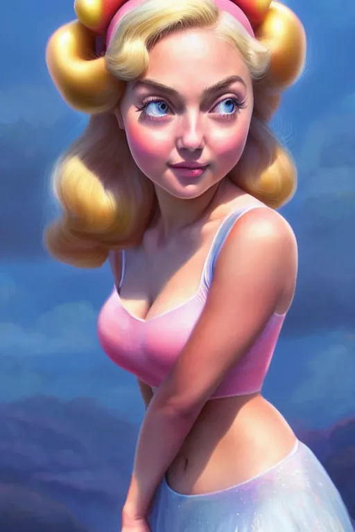 Prompt: polished sweaty princess peach : : annasophia robb face : : kate upton body : : weta disney pixar movie still photo : : hi - fructose, sci fi, fantasy, decadent highly - detailed digital painting, golden ratio, octane render, artstation, smooth, sharp focus, artgerm, mucha, loish, wlop : :