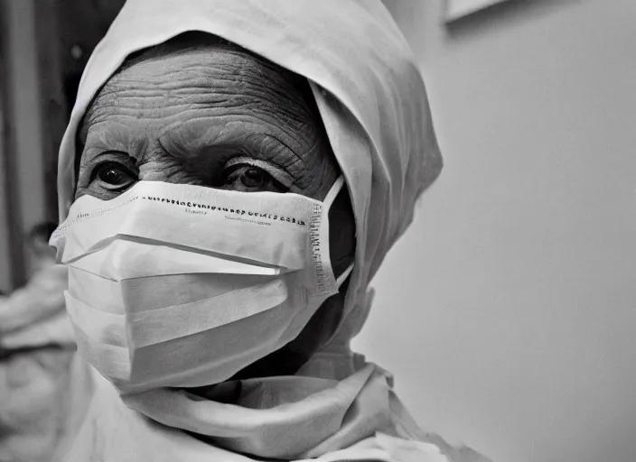 Prompt: cinematic mid shot of a high detail, vivian dorothy maier, with surgical mask. where's wally, line drawing by van gogh, and mother theresa