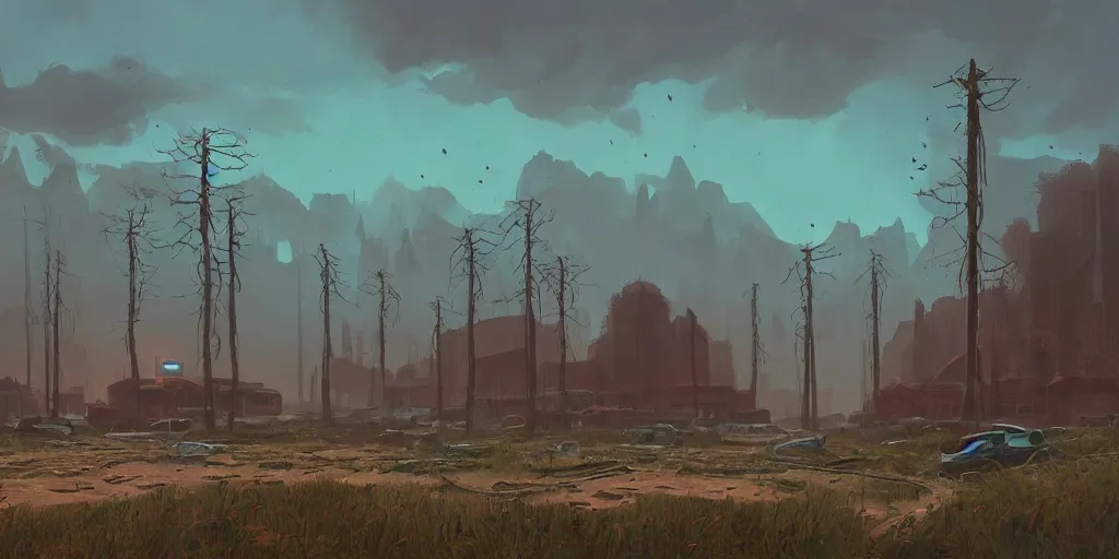 Image similar to abandoned civilisation at morning, landscape painted by simon stalenhag