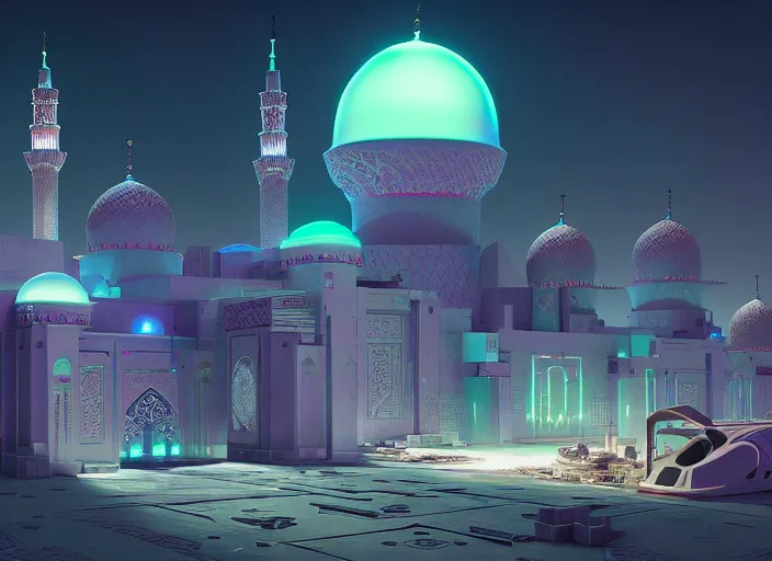 Image similar to a cyberpunk mosque in arabia by paolo eleuteri serpieri and tomer hanuka and chesley bonestell and daniel merriam and tomokazu matsuyama, unreal engine, high resolution render, featured on artstation, octane, 8 k, highly intricate details, vivid colors, vector illustration