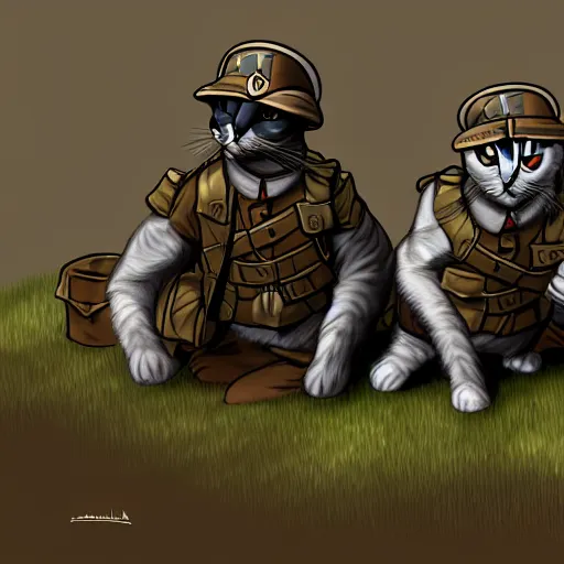 Image similar to soldier cats in British WWI gear waiting in the trenches for the next battle, 4k, concept art, artstation,