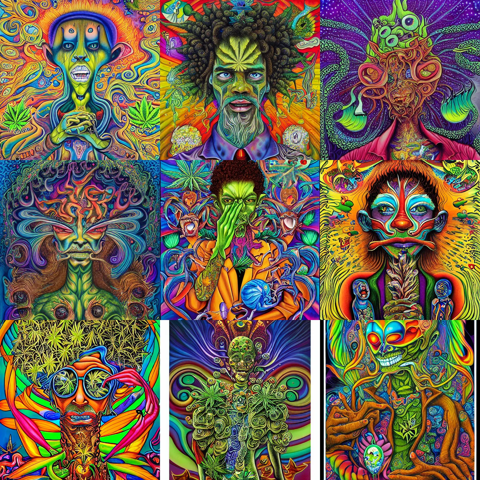 Prompt: the love of weed painting by aaron brooks, chris dyer, android jones, and alex grey, highly detailed, high quality, high definition