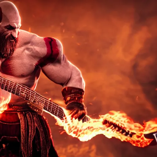 Image similar to kratos shredding on a flaming stratocaster guitar, cinematic render, god of war 2 0 1 8, santa monica studio official media, lightning, red facial stripe