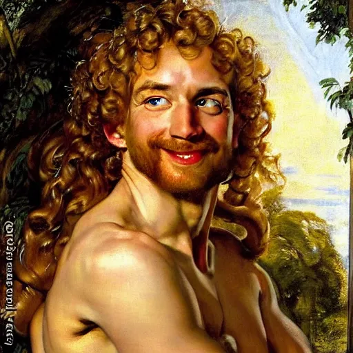 Prompt: beautiful portrait painting of He-Man with long curly blond hair, delicate young man wearing an open poet shirt smiling sleepily at the viewer, symmetrically parted curtain bangs, in love by Peter Paul Rubens and Norman Rockwell