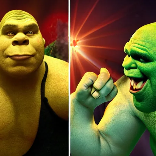 Image similar to shrek vs andre the giant at wrestlemania 8, dramatic lighting, 8k , WWE poster